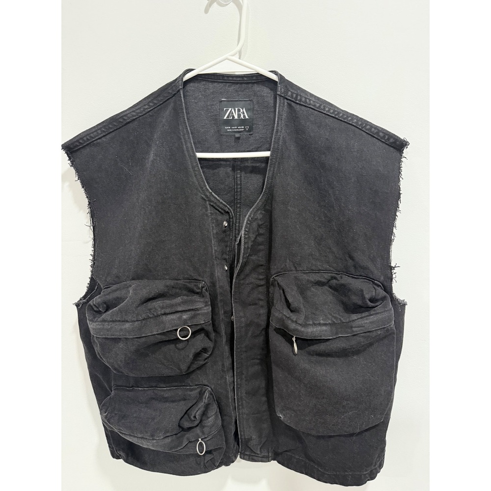 Zara Mens Black Denim Utility Cargo Vest Frayed Sleeveless Tactical Jacket SizeM